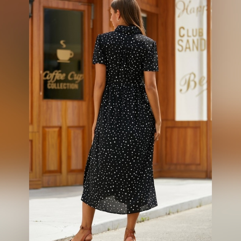 Women's Black Sheer Collared Polka Dot Short Sleeve Midi Dress Size XS EUC 🐈 - Picture 13 of 14